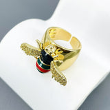 Honey Bee Cubic Zirconia Enamel Black 18K Gold Anti Tarnish Adjustable Ring For Women