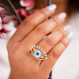 Eyelash Evil Eye Cubic Zirconia Blue 18K Gold Anti Tarnish Adjustable Ring For Women