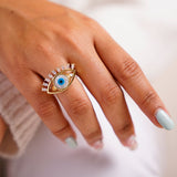 Eyelash Evil Eye Cubic Zirconia Blue 18K Gold Anti Tarnish Adjustable Ring For Women