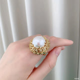 Filigree Flower Cubic Zirconia Pearl White 18K Gold Anti Tarnish Adjustable Ring For Women