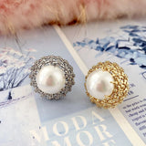 Filigree Flower Cubic Zirconia Pearl White 18K Gold Anti Tarnish Adjustable Ring For Women