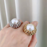 Filigree Flower Cubic Zirconia Pearl White 18K Gold Anti Tarnish Adjustable Ring For Women