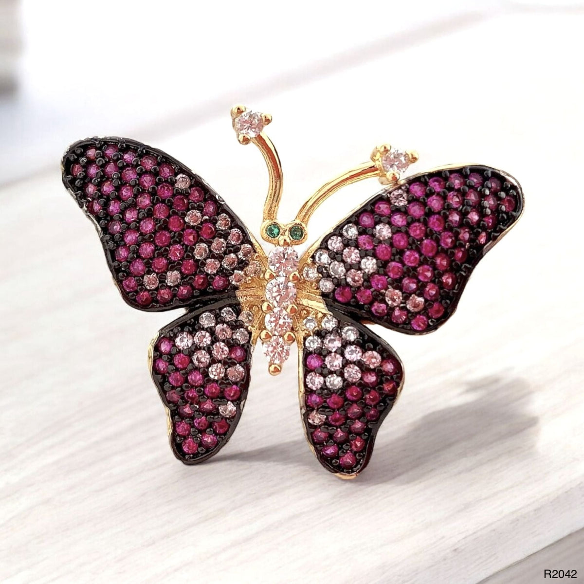 Butterfly Cubic Zirconia Crystal Pink 18K Gold Anti Tarnish Adjustable Ring For Women