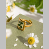 Clover Square Transparent Flower Green 18K Gold Anti Tarnish Free Size Ring For Women