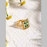 Clover Square Transparent Flower Green 18K Gold Anti Tarnish Free Size Ring For Women