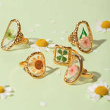 Clover Square Transparent Flower Green 18K Gold Anti Tarnish Free Size Ring For Women