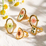 Clover Square Transparent Flower Green 18K Gold Anti Tarnish Free Size Ring For Women