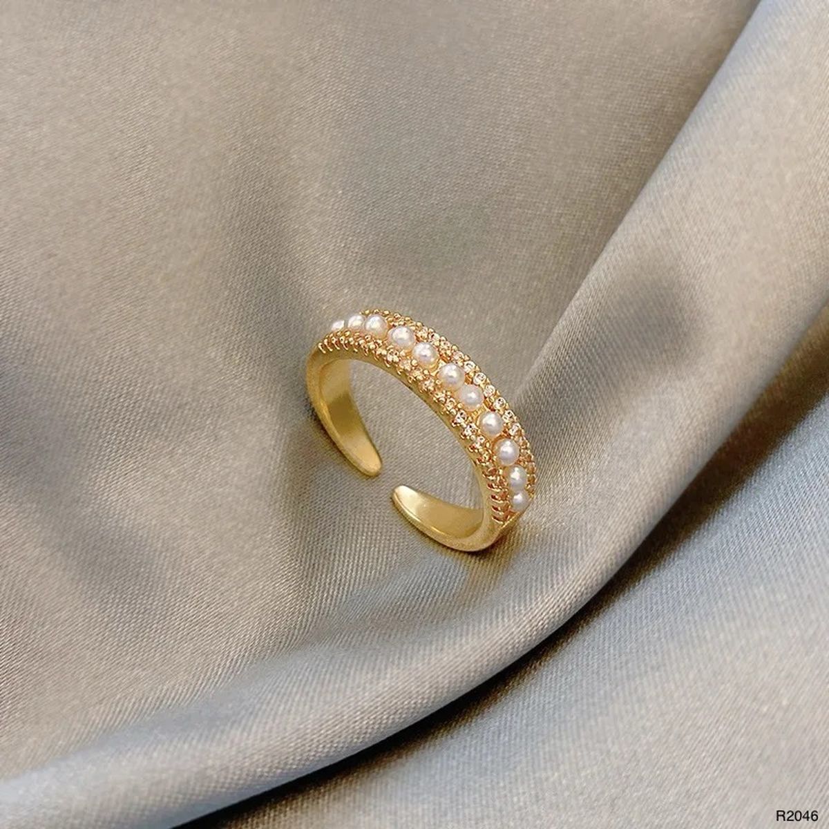 Pearl Surface CZ White 18K Gold Anti Tarnish Adjustable Band Ring