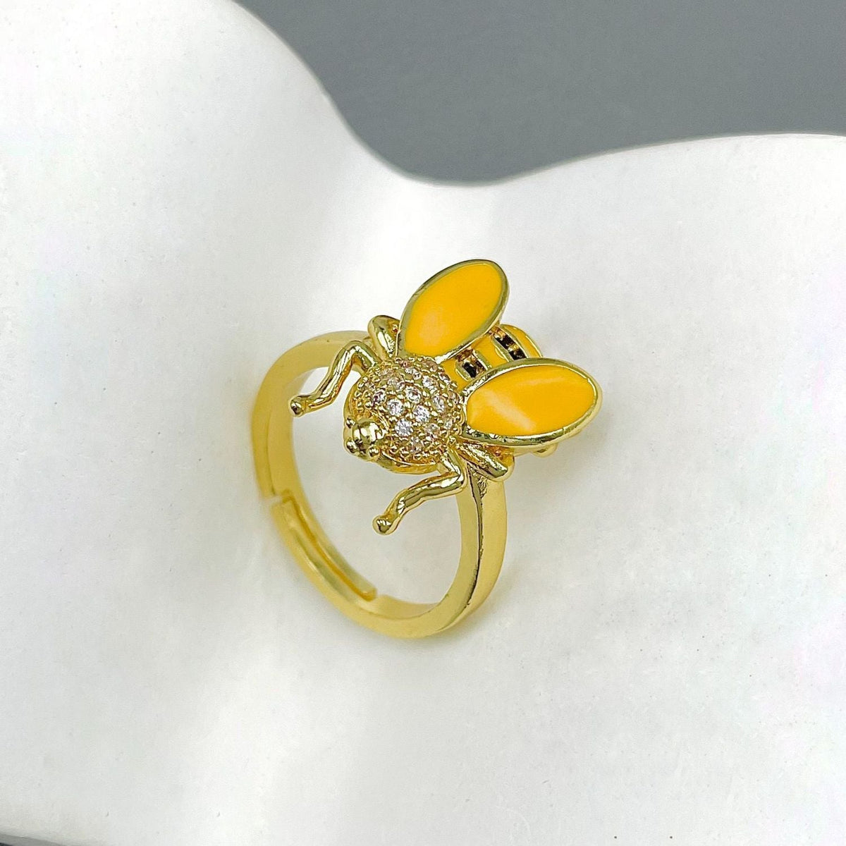 Honey Bee Cubic Zirconia Enamel Yellow 18K Gold Anti Tarnish Adjustable Ring For Women