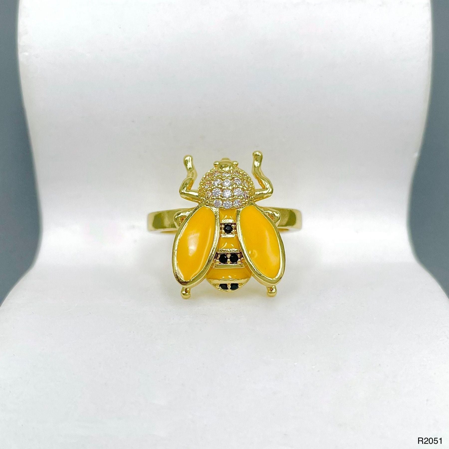Honey Bee Cubic Zirconia Enamel Yellow 18K Gold Anti Tarnish Adjustable Ring For Women