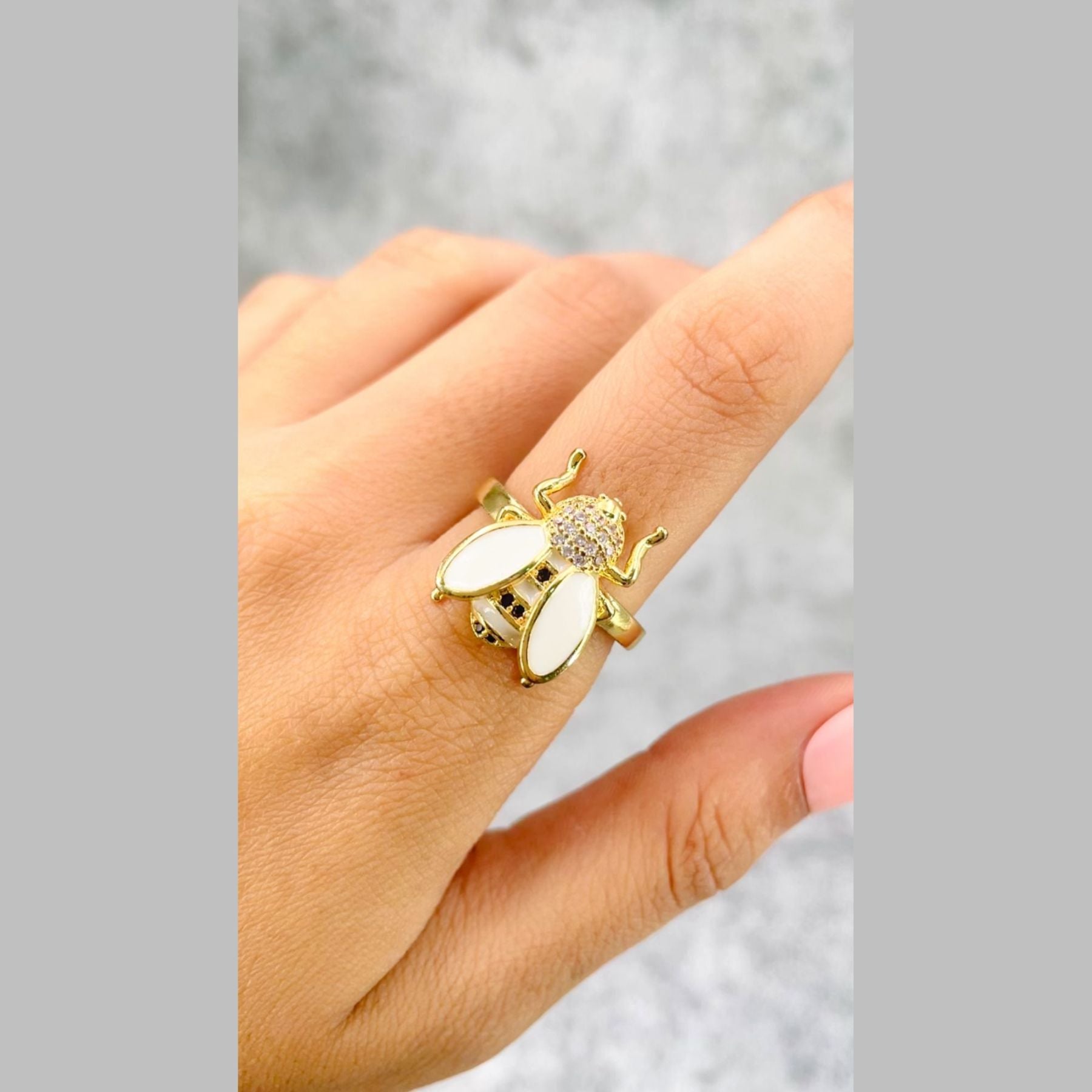 Honey Bee Cubic Zirconia Enamel Yellow 18K Gold Anti Tarnish Adjustable Ring For Women