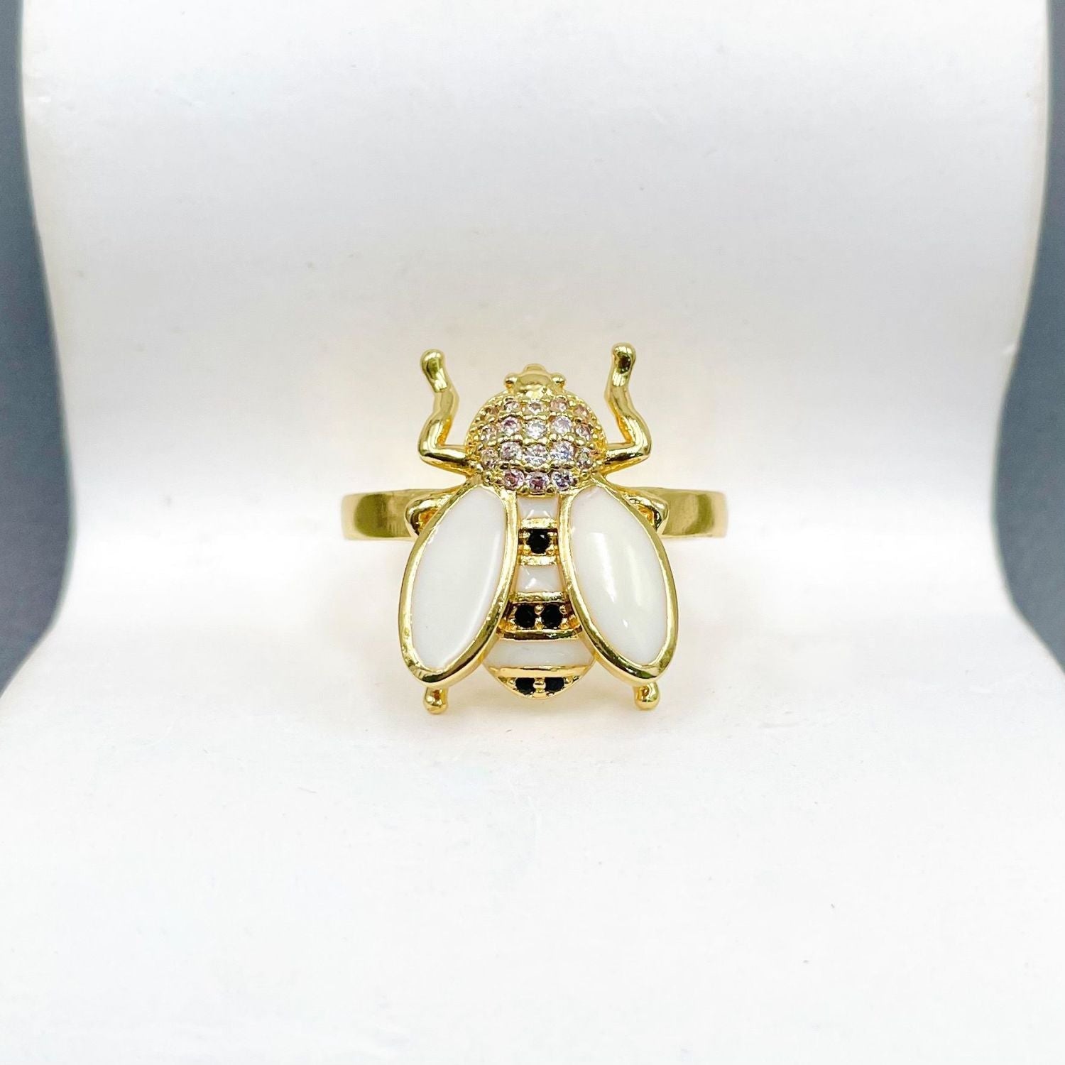 Honey Bee Cubic Zirconia Enamel Yellow 18K Gold Anti Tarnish Adjustable Ring For Women