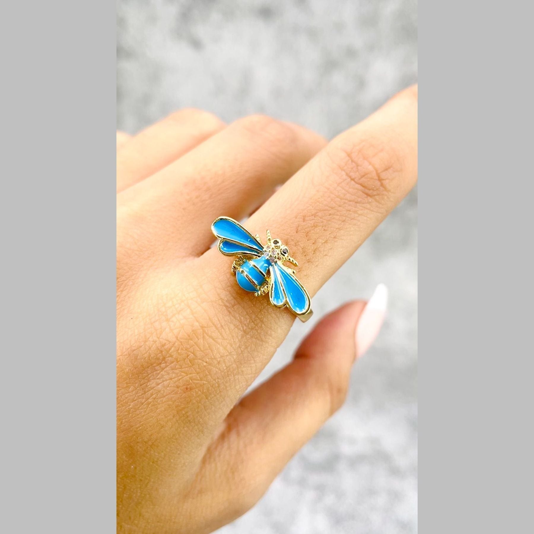 Honey Bee Cubic Zirconia Enamel Blue 18K Gold Anti Tarnish Free Size Ring For Women