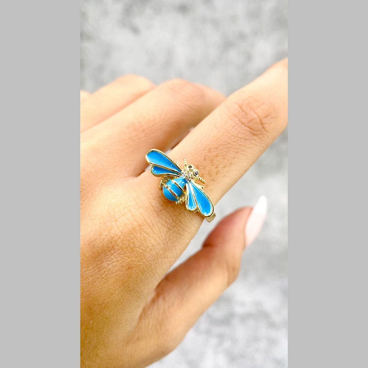 Honey Bee Cubic Zirconia Enamel Blue 18K Gold Anti Tarnish Free Size Ring For Women
