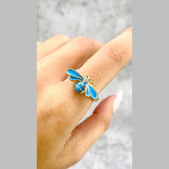 Honey Bee Cubic Zirconia Enamel Blue 18K Gold Anti Tarnish Free Size Ring For Women