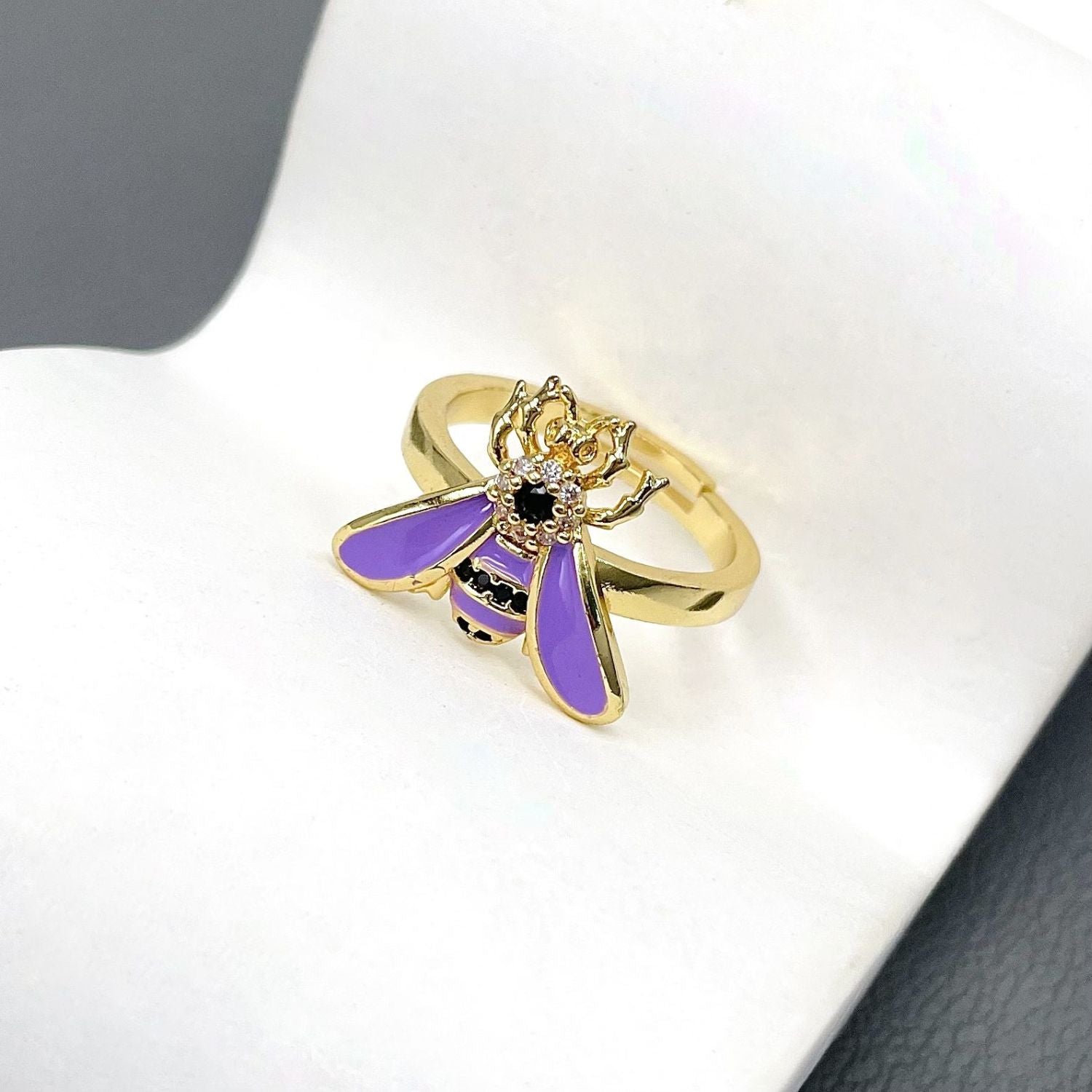 Honey Bee Cubic Zirconia Enamel Yellow 18K Gold Anti Tarnish Adjustable Ring For Women