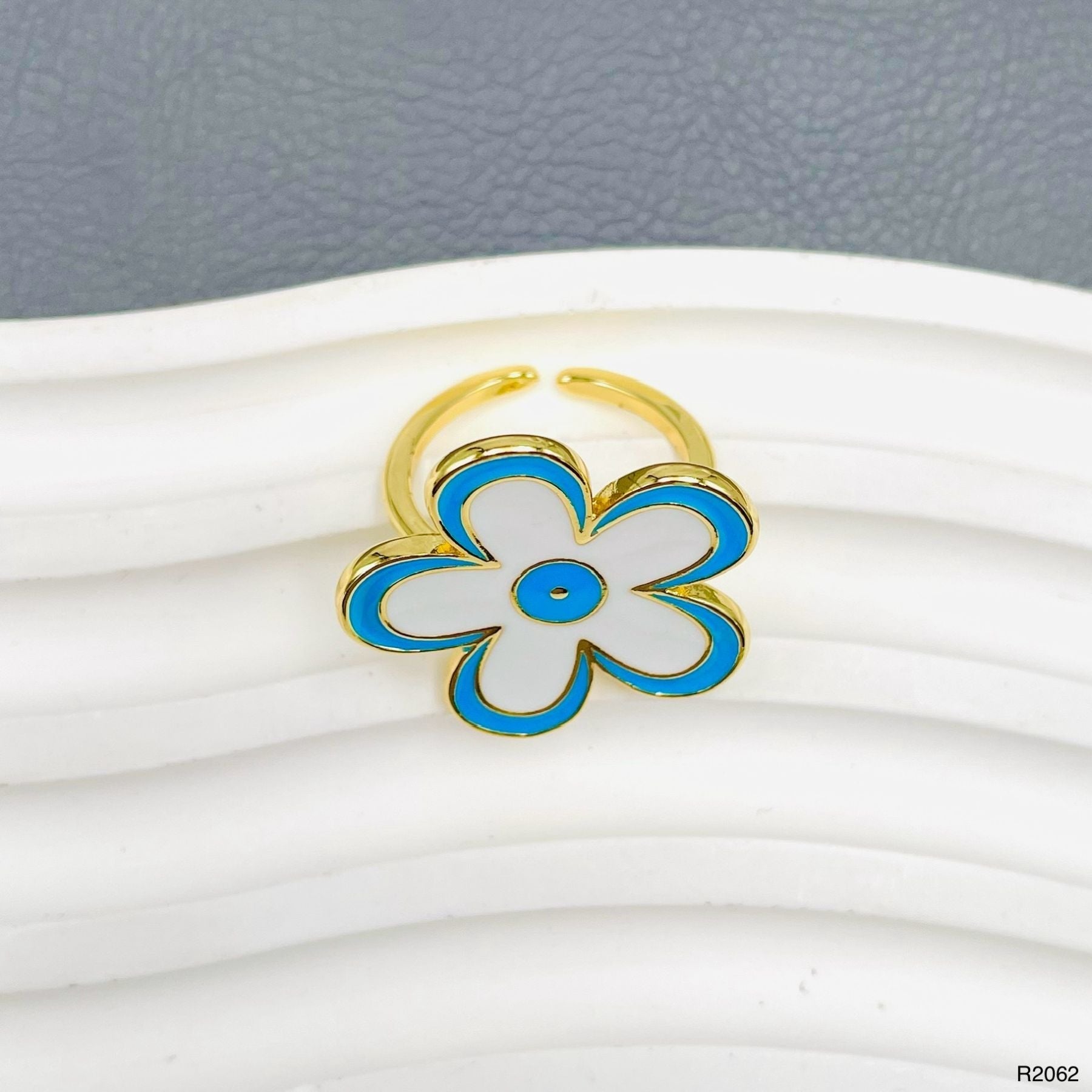 Flower Enamel Blue White 18K Gold Anti Tarnish Adjustable Ring For Women