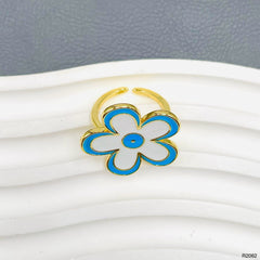 Flower Enamel Blue White 18K Gold Anti Tarnish Adjustable Ring For Women