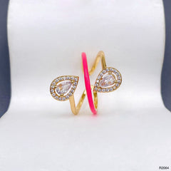 Drop Solitaire Cubic Zirconia Enamel Pink 18K Gold Anti Tarnish Adjustable Ring For Women