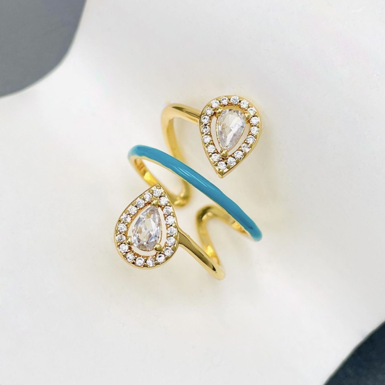 Drop Solitaire Cubic Zirconia Enamel Pink 18K Gold Anti Tarnish Adjustable Ring For Women
