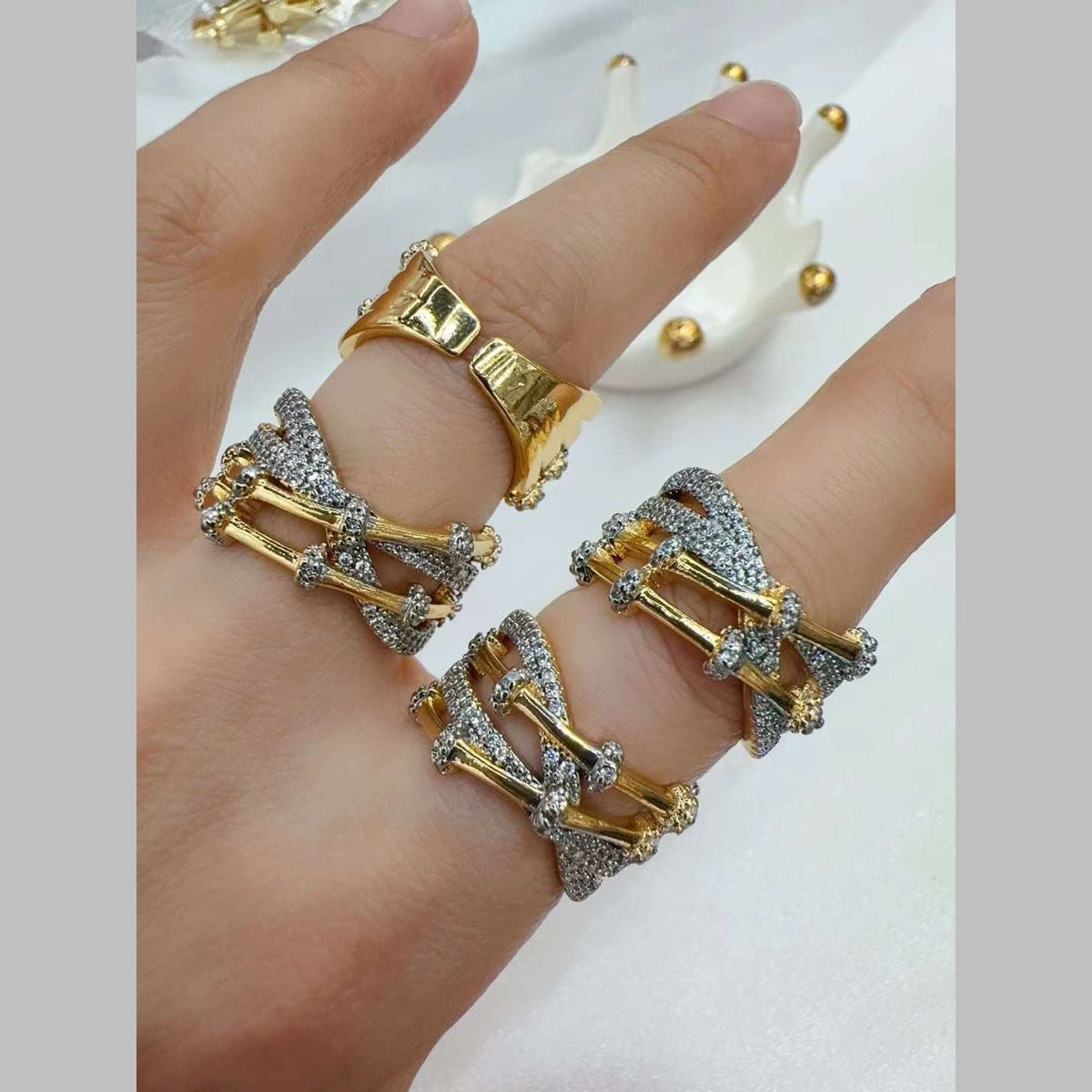 Cross Over Cubic Zirconia 18K Gold Silver Anti Tarnish Free Size Ring For Women