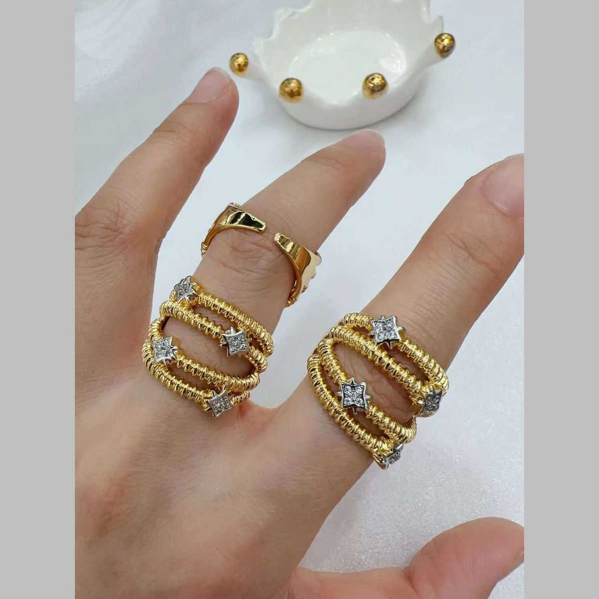 Star Layer Cubic Zirconia 18K Gold Silver Anti Tarnish Free Size Ring For Women