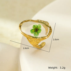 Oval Flower Transparent Green 18K Gold Anti Tarnish Free Size Ring For Women