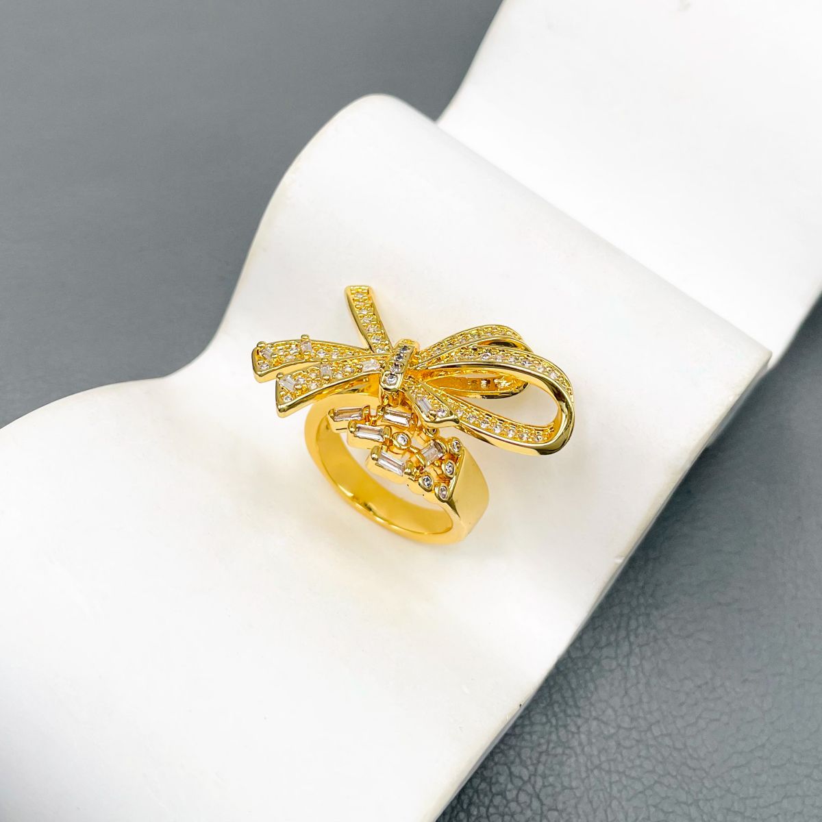 Ribbon Cubic Zirconia 18K Gold Anti Tarnish Free Size Ring For Women