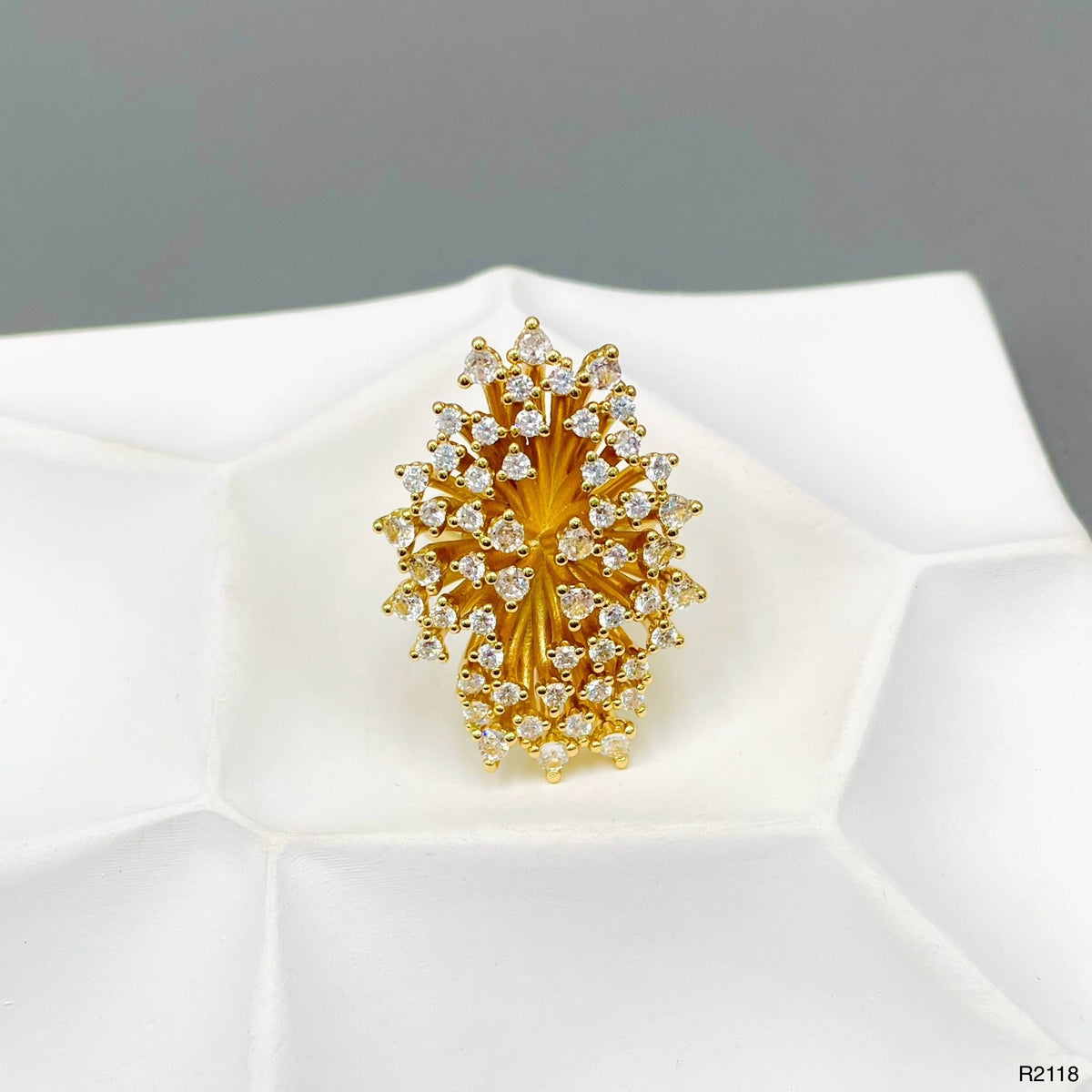 Studded Solitaires Cubic Zirconia 18K Gold Anti Tarnish Free Size Ring For Women