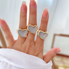 Heart Cubic Zirconia 18K Gold Silver Anti Tarnish Adjustable Ring For Women