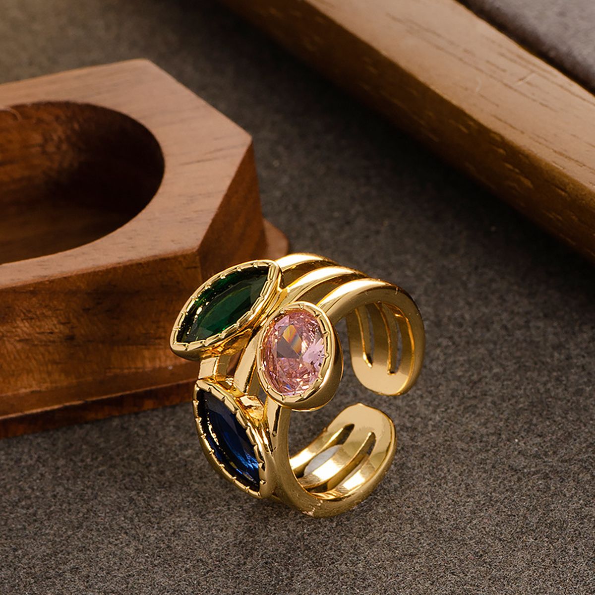 Marquise Oval Crystal multicolour 18K Gold Anti Tarnish Adjustable Band Ring For Women