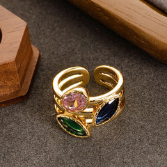 Marquise Oval Crystal multicolour 18K Gold Anti Tarnish Adjustable Band Ring For Women