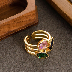 Marquise Oval Crystal multicolour 18K Gold Anti Tarnish Adjustable Band Ring For Women