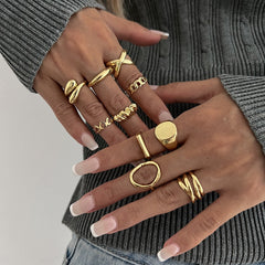 Glossy Geometric 18K Gold Plated Anti Tarnish Pack Of 10 Free Size Ring For Women