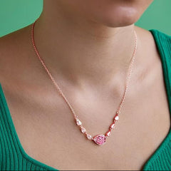 Pink Center Stone & Teardrop Rose Silver Gold Plated Brass Necklace