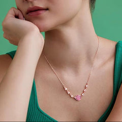 Pink Center Stone & Teardrop Rose Silver Gold Plated Brass Necklace