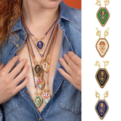 Drop Hamsa Hand Enamel 18K Gold Multicolor Toggle Thread Anti Tarnish Necklace Pendant For Women