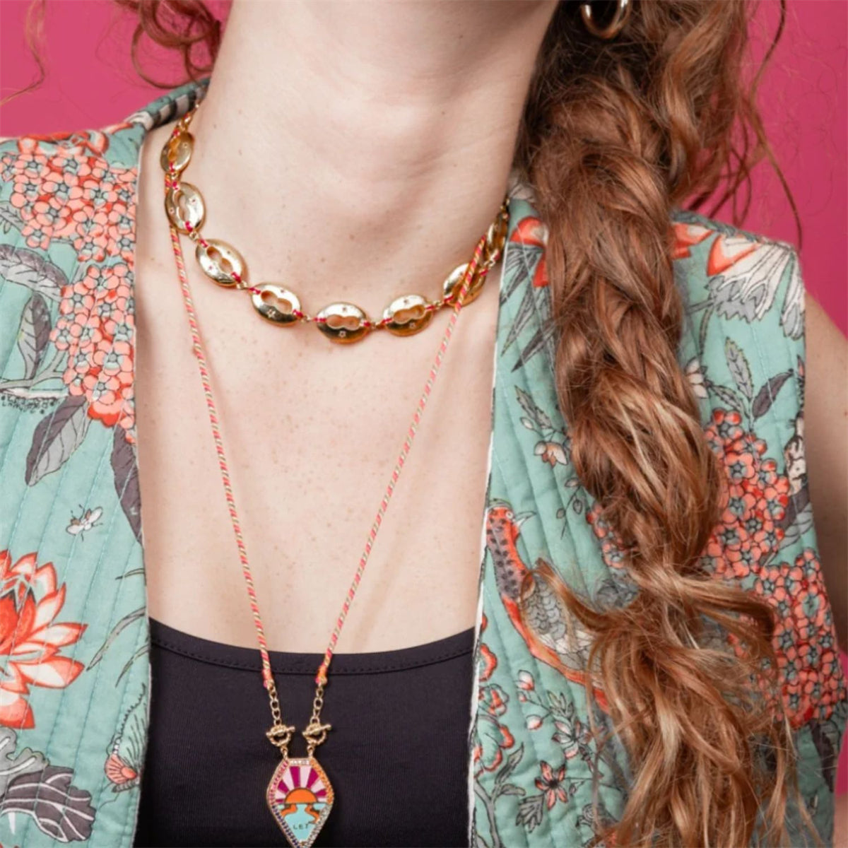 Drop Hamsa Hand Enamel 18K Gold Multicolor Toggle Thread Anti Tarnish Necklace Pendant For Women