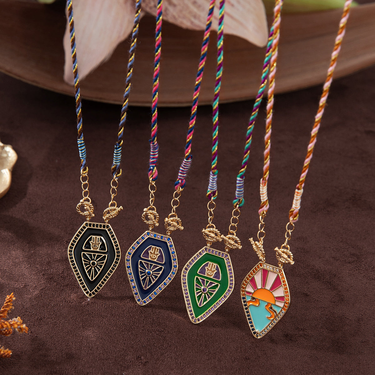Drop Hamsa Hand Enamel 18K Gold Multicolor Toggle Thread Anti Tarnish Necklace Pendant For Women