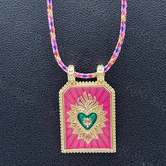 Dual Heart Enamel 18K Gold Pink Green Thread Anti Tarnish Necklace Pendant For Women