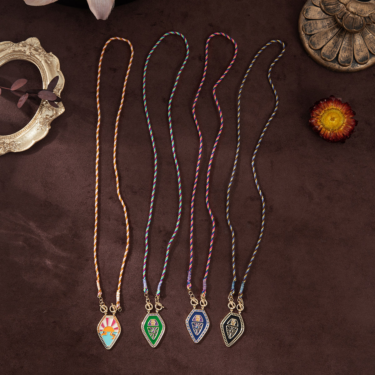 Drop Hamsa Hand Enamel 18K Gold Multicolor Toggle Thread Anti Tarnish Necklace Pendant For Women