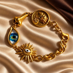 Blue Evil Eye & Mermaid Coin Charm Chain Gold Plated Enamel Bracelet