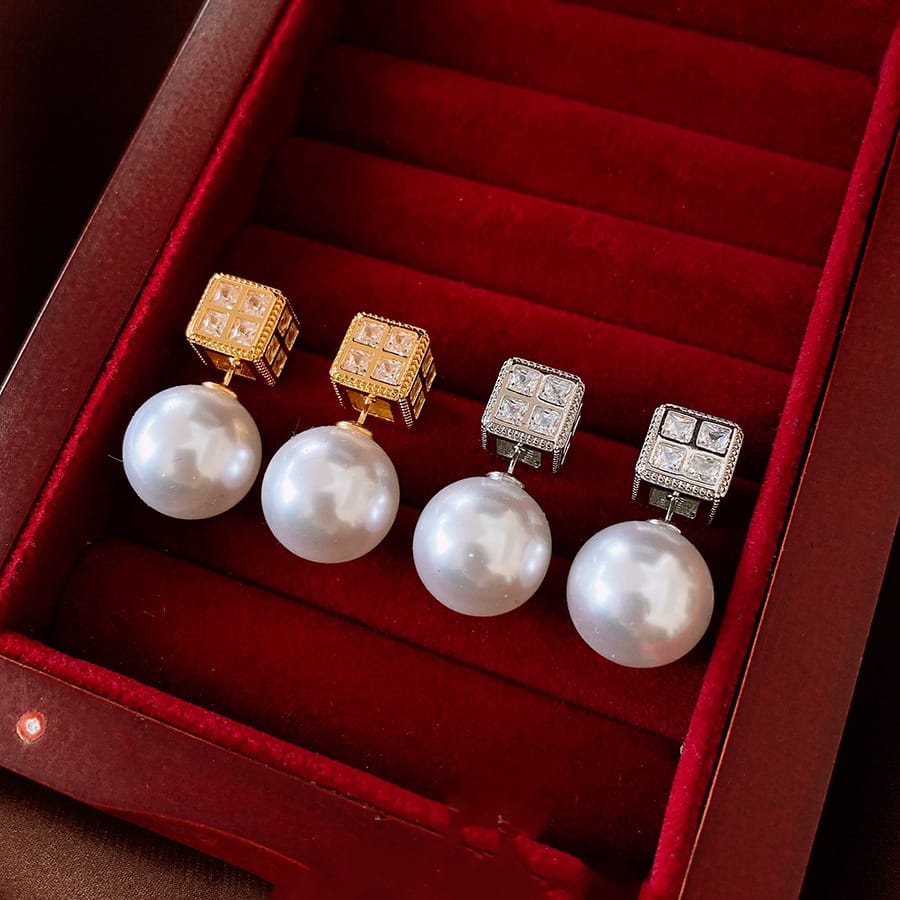 Square Cubic Zirconia Pearl 18k Gold Silver White Anti Tarnish Stud Earring For Women