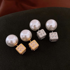 Square Cubic Zirconia Pearl 18k Gold Silver White Anti Tarnish Stud Earring For Women