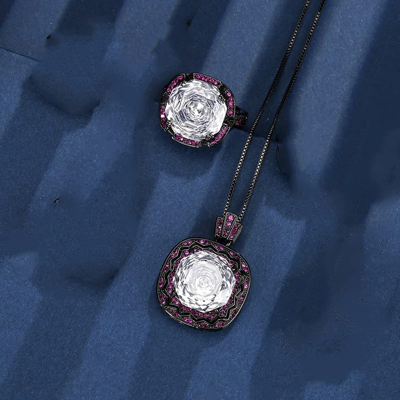 Rose Cut Dream White Black Anti Tarnish Pendant Ring Set For Women