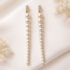 White Minimal Long Faux Gold Pearl Anti Tarnish Copper Dangler Earrings