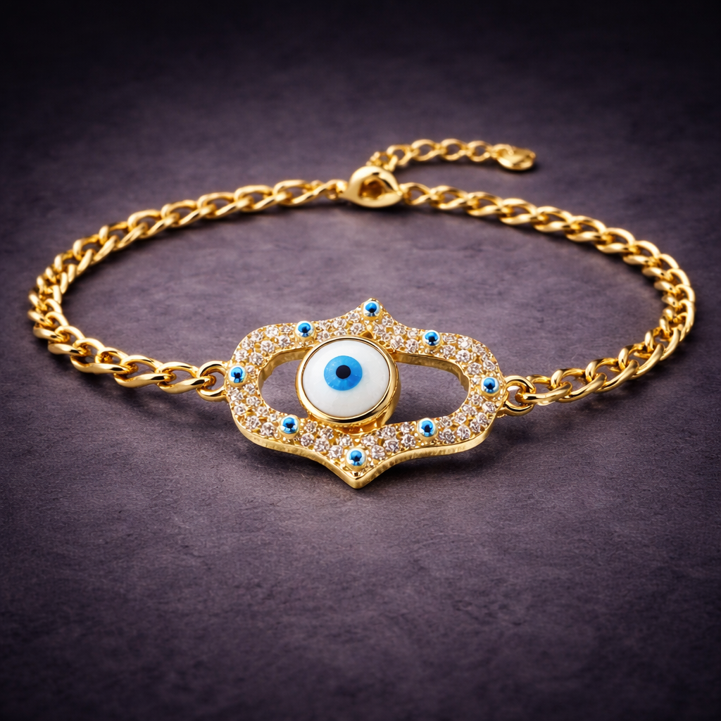 Blue White Hamsa Evil Eye Gold Plated CZ Anti Tarnish Copper Bracelet
