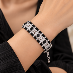 Luxury Silver Plated Black Onyx Rhinestone Embellished Copper Bracelet