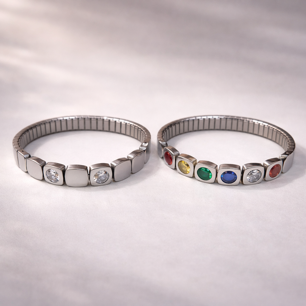 Stretchable Square Design Silver Plated CZ Stainless Steel Bracelet