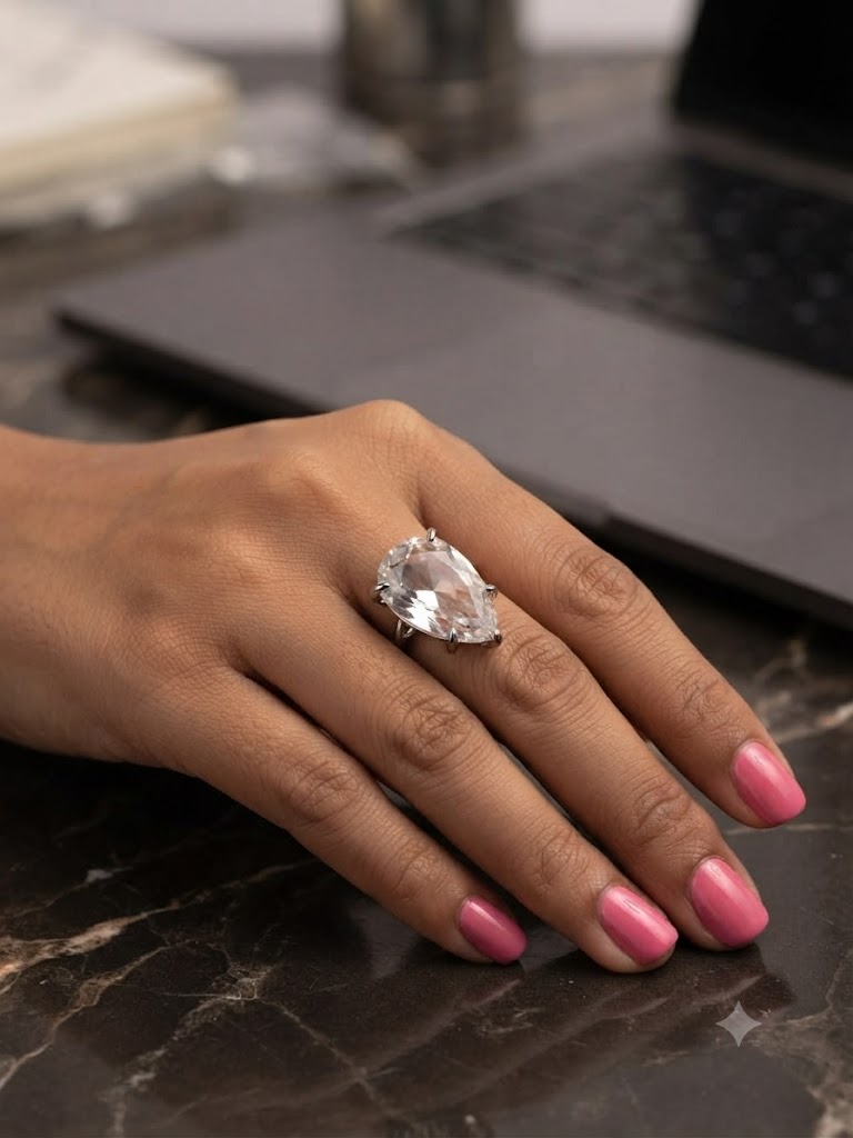 Designer Solitaire Teardrop Silver Rhinestone Copper Cocktail Ring